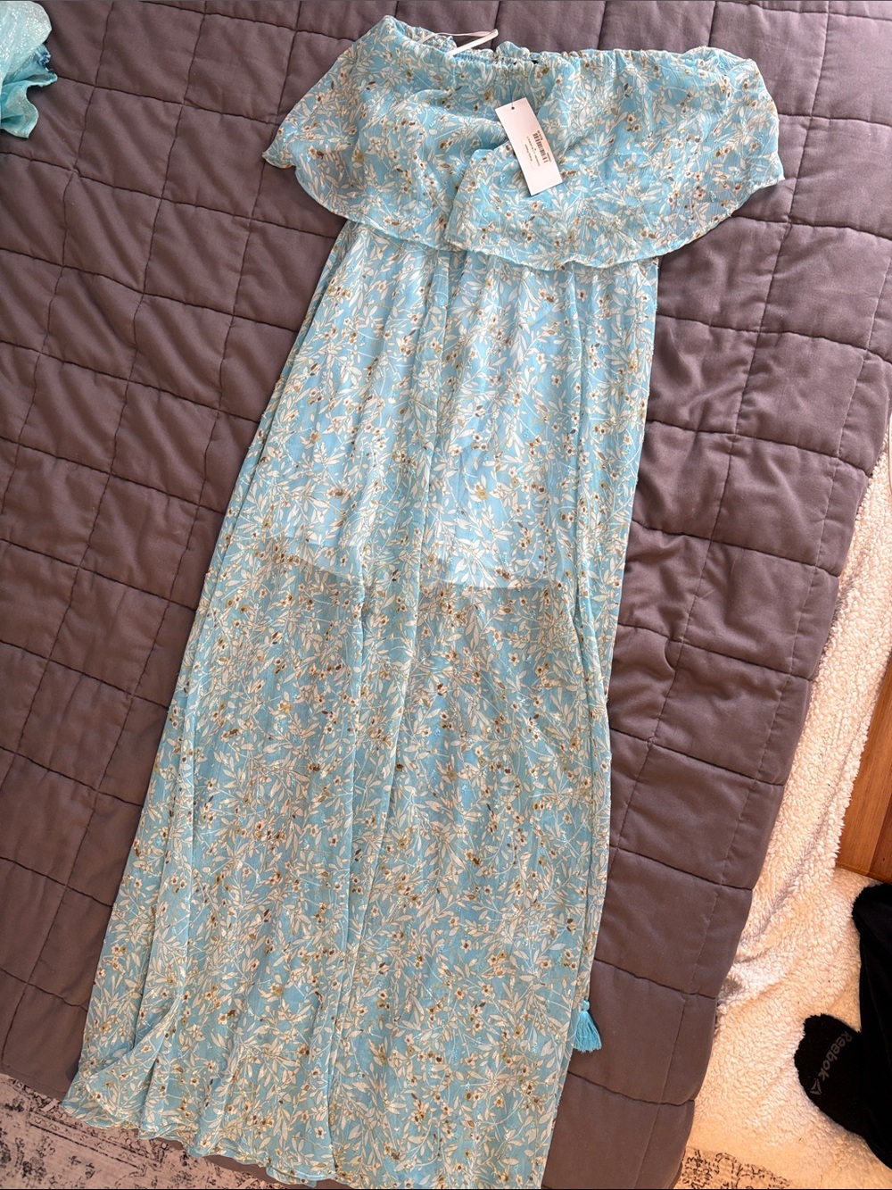 Aakaa Light Blue Floral Off-Shoulder Maxi Dress